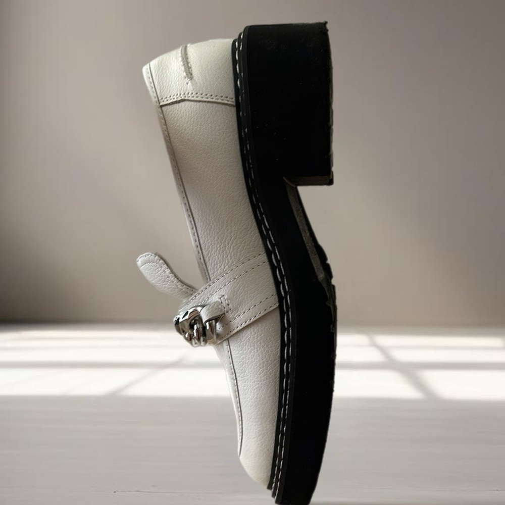 #118 Paolo Loafers White with Silver Faux Chain and Black Bottom Block Heel